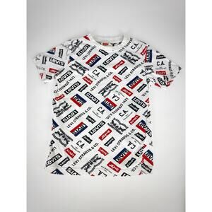 Levi’s Big Boy Logo White T-Shirt All Over Graphic Print Sz S Retro Style